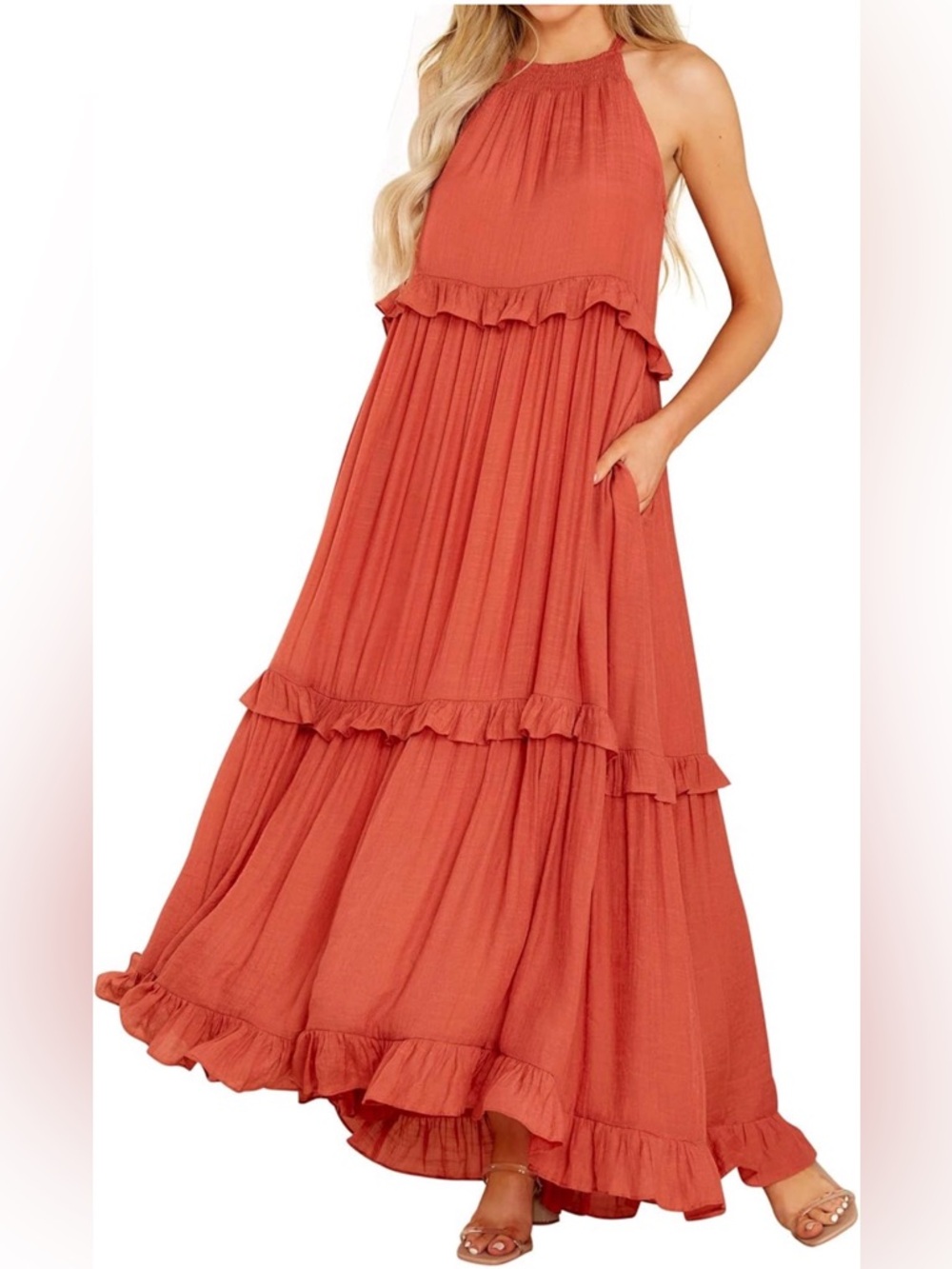 #1122 Tiered Ruffle Maxi Dress - Vibrant Orange